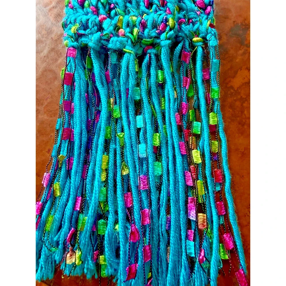 Y2K Handmade Crochet Scarf Turquoise Multicolor Ribbon Yarn Fringe 76in Whimsi